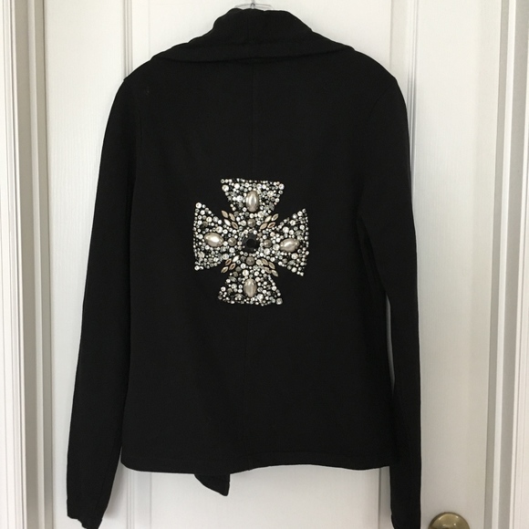 TWISTED HEART womens bling Jewel cross zip jacket black medium rhinestone luxury - Picture 4 of 7